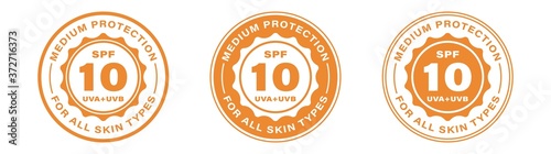 Sun protection SPF 10. UVA and UVB mark. Intensity of UV protection. Information label for packaging lotion, cream or spray. Vector illustration.