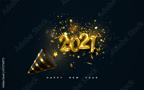 Golden 2021 numbers, party popper cone and glittering confetti isolated on black. Vector festive illustration. Holiday decoration with sparkling tinsel particles. Happy New Year