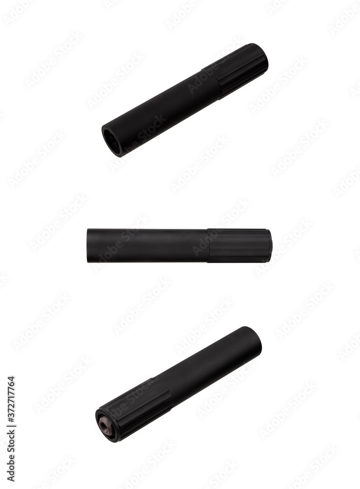 Black silencer for weapons. Suppressor that is at the end of an assault rifle. Black silencer for weapons. Suppressor that is at the end of an assault rifle.