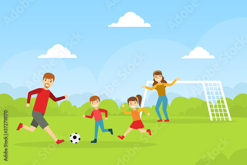 Happy Family Playing Soccer Outdoors, Mother, Father, Daughter and Son Spending Time Together Cartoon Vector Illustration