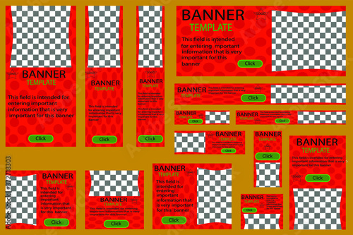 Set of web banners vector, red, with a rectangular cutout for photos