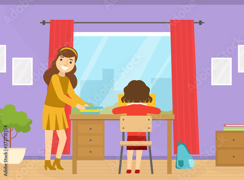 Mom Helping her Child with Homework at Home Cartoon Vector Illustration