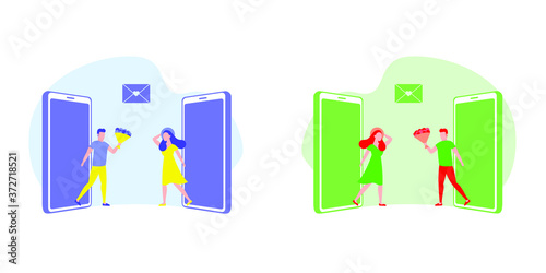 Couple in love goes out of smartphones on an online date, Online dating in dating app, flat people, flat vector illustration. Virtual dating concept. 