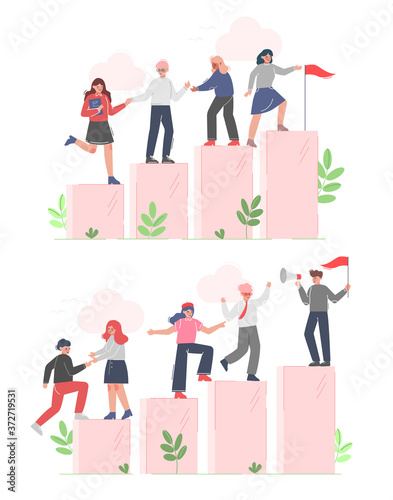 Business People Climbing up to the Goal on Column of Columns Set, Moving up Motivation Business Concept Cartoon Vector Illustration