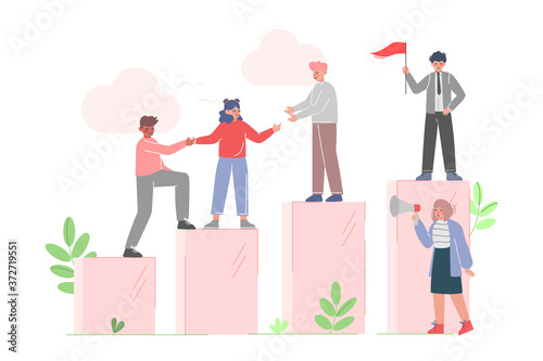 Teamleaders Motivating Collegues to Climb up to the Goal on Column of Columns, Business Leadership Concept Cartoon Vector Illustration