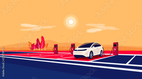 Modern electric car standing charging on empty charger station at highway road rest area. Battery vehicle standing on dedicated parking lot. Vector illustration in cartoon style. Long distance travel.