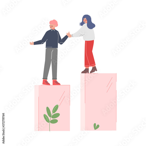 Woman Helping Man to Climb up on Column of Columns, Moving up Motivation, Teamleader Business Concept Cartoon Vector Illustration