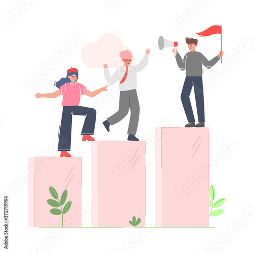 Businessman Teamleader Motivating his Collegues to Climb up to the Goal on Column of Columns, Moving up Motivation Business Concept Cartoon Vector Illustration