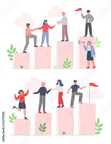 Business People Climbing up to the Goal on Column of Columns Set, Business Leadership, Moving up Motivation Concept Cartoon Vector Illustration