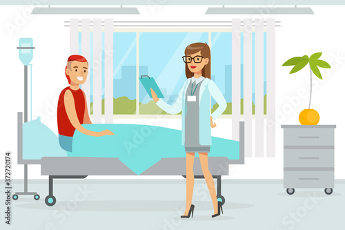 Doctor Examining and Treating Male Patient, Medicine, Healthcare Concept, Hospital Room Interior Cartoon Vector Illustration