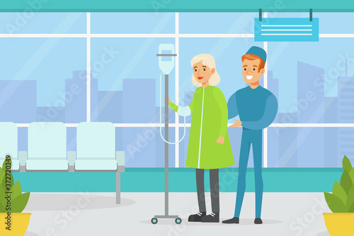 Doctor Supporting Elderly Female Patient Standing During Blood Dropper Procedure, Medicine, Healthcare Concept, Hospital Room Interior Cartoon Vector Illustration