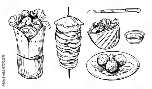 Sketch of doner kebab. Fast food illustration.  