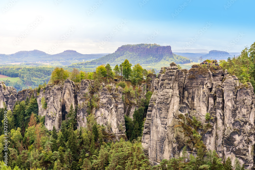 View of Bastei National Park Saxon Switzerland, above the Elbe River in the Elbe Sandstone Mountains, Germany.