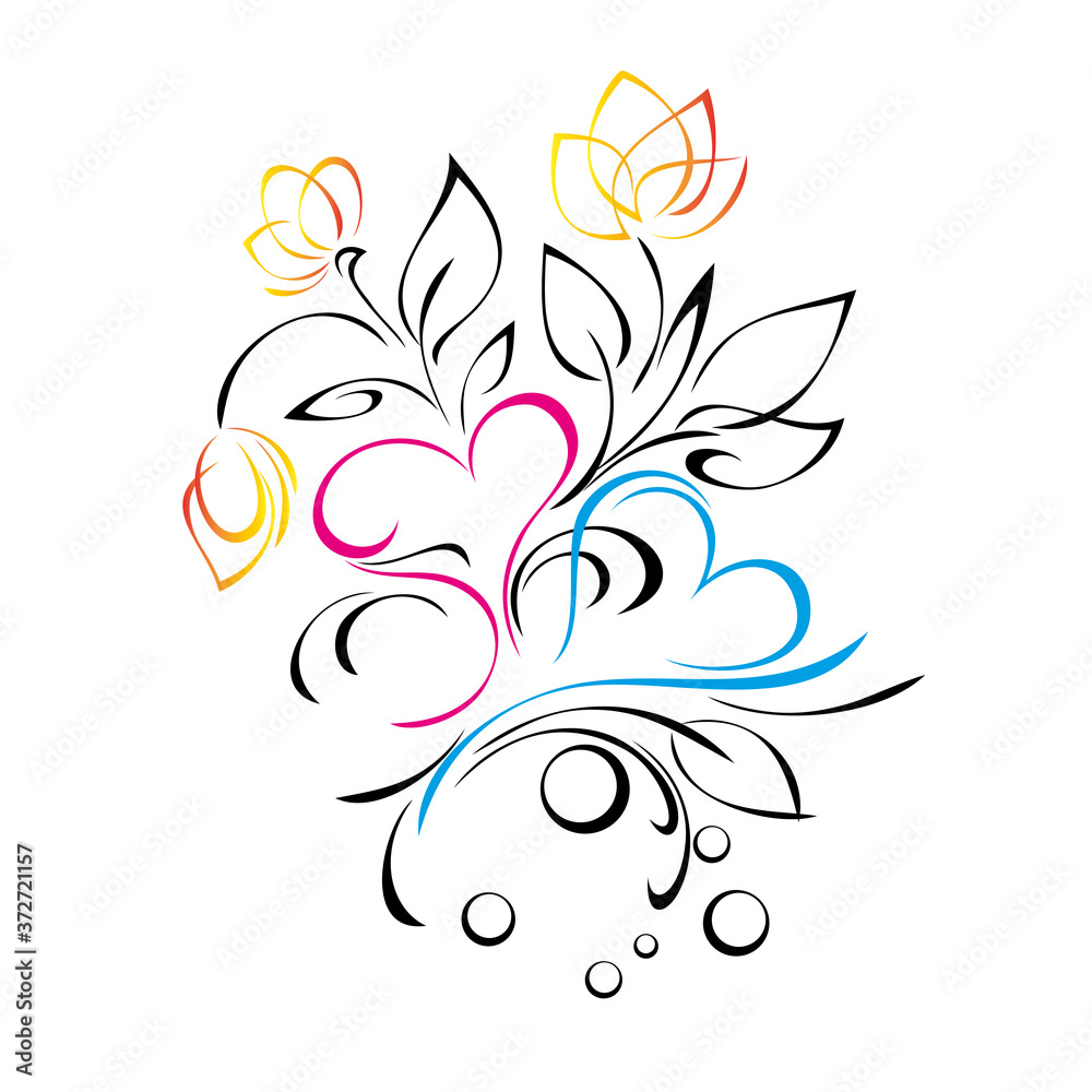 hearts 55. two stylized hearts with flowers, leaves and swirls in colored lines on a white background hearts 55. two stylized hearts with flowers, leaves and swirls in colored lines on a white background