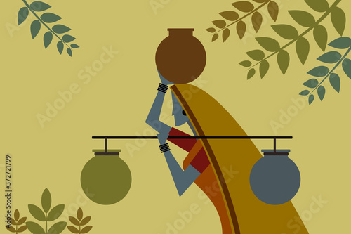 Valokuva Rural Indian woman carrying water in pots