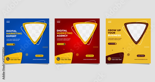 Digital marketing business social media post banner template. Vector graphic ad template set, with triangle frame
