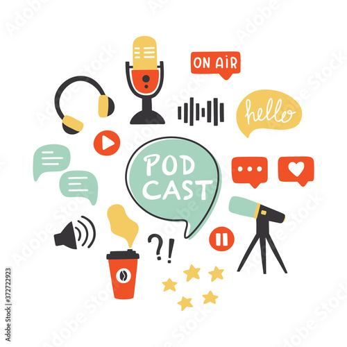 Podcast icons set. Podcasting symbols collection: microphone, headphones, loudspeaker, speech bubbles, rating stars. Blogging concept. Hand drawn isolated vector elements in trendy style.