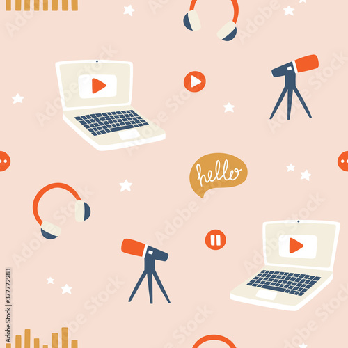 Podcast seamless pattern. Vector background for blogging, vlogging and live streaming. Hand-drawn print with microphone, headphones, speech bubbles, laptop.