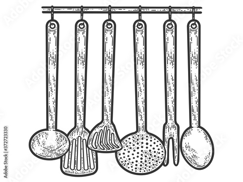 Set of metal kitchen utensils hanging on wall. Sketch scratch board imitation.