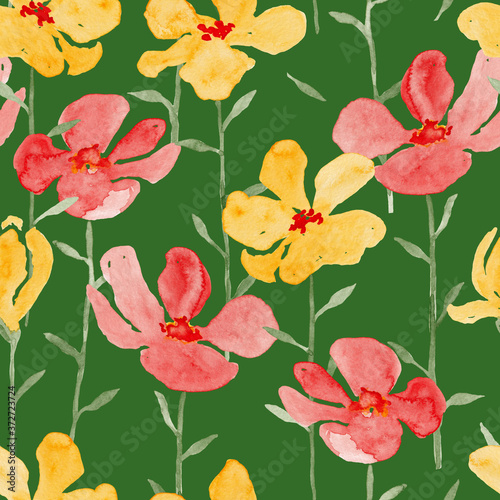 Yellow and red flowers watercolor painting - hand drawn seamless pattern on dark green