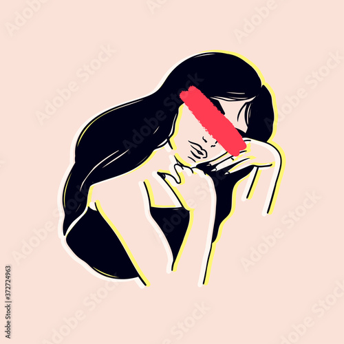 Hand drawn portrait of beautiful lady. Pretty young woman. Stylish fashion model. Fancy look. Brush stroke on the eyes. Red paint. Yellow Neon outline. Vector illustration. Cool design. Print idea