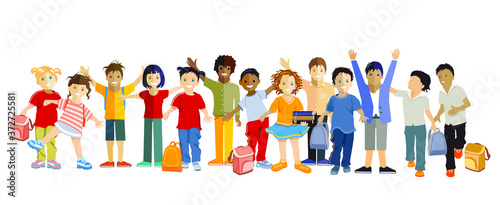 Schulkinder vergnügt beisammen, Vector Illustration