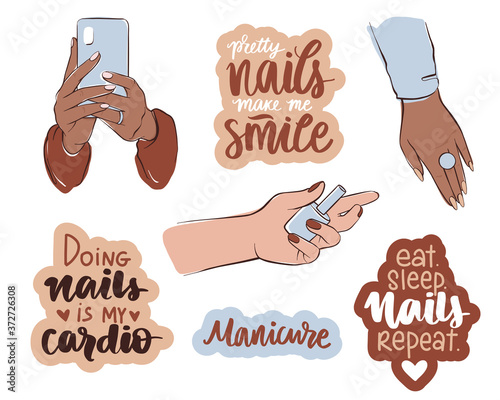 Nails and manicure set. Female hands with different skin colors, hold nail polish or phone. Vector Template for beauty salon