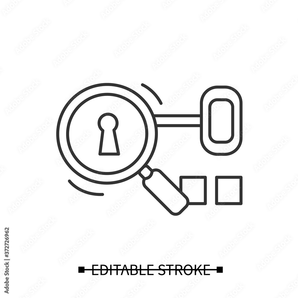 Keyword search icon. Concept pictogram of search engine optimization process, outline key and magnifying glass. Editable stroke linear vector illustration for web, seo service, marketing or ui Keyword search icon. Concept pictogram of search engine optimization process, outline key and magnifying glass. Editable stroke linear vector illustration for web, seo service, marketing or ui
