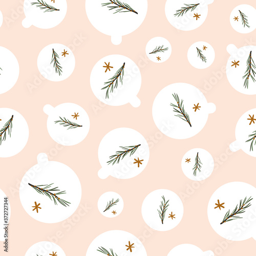 Christmas baubles with pine branches inside seamless vector pattern on pink. Seasonal surface print design for fabics, stationery, card, gift wrap, scrapbook paper, and packaging.