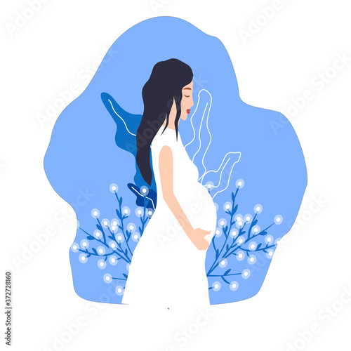 Pregnant girl holds belly next to flowers, vector chart
