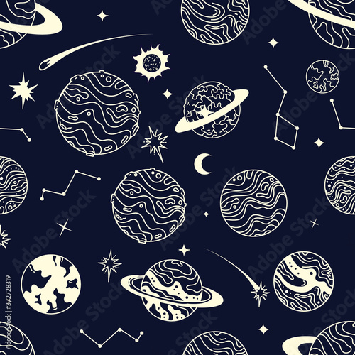 Planets and Stars in the Universe Seamless Pattern. Background Wallpaper