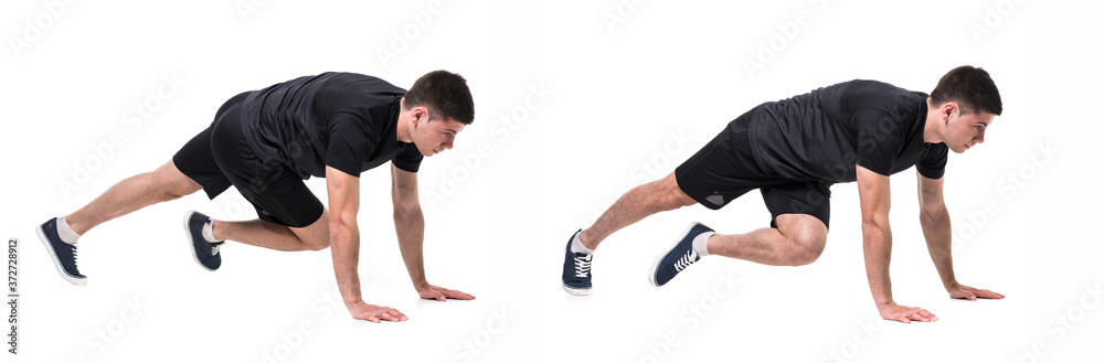 Collage of a concentrated young sportsman doing plank exercise on a fitness mat isolated over white background Collage of a concentrated young sportsman doing plank exercise on a fitness mat isolated over white background