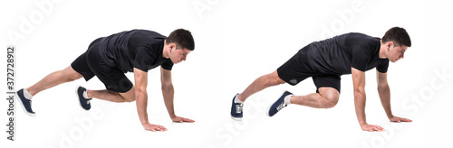 Collage of a concentrated young sportsman doing plank exercise on a fitness mat isolated over white background