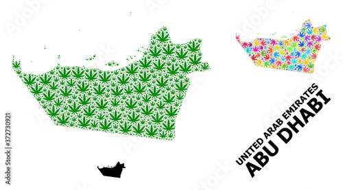 Vector Mosaic Map of Abu Dhabi Emirate of Psychedelic and Green Hemp Leaves and Solid Map