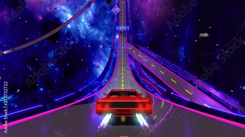 80s retro futuristic space drive seamless loop. Stylized cosmic highway in outrun VJ style with stars and planet. Vaporwave 3D animation background for music video, DJ set, clubs, EDM music