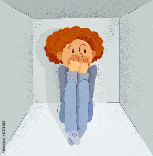 Claustrophobia fear of closed space and no escape vector illustration, boy is closed in small room space and scared in panic attack.