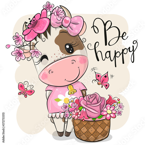 Cartoon Cow with flowers on a white background