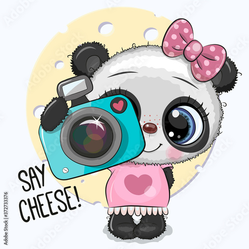 Cartoon Panda with a camera on a blue background