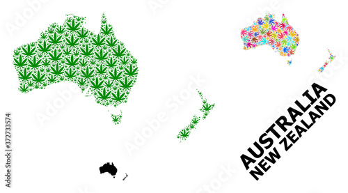 Vector Mosaic Map of Australia and New Zealand of Colored and Green Hemp Leaves and Solid Map