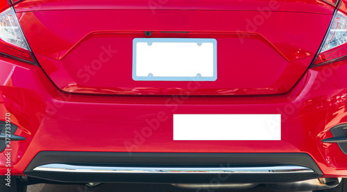 Fotografia Rear of Red Car With Blank White License Plate and Bumper Sticker