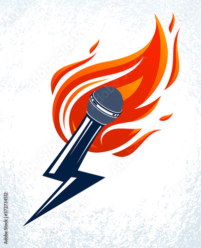 Microphone on fire and shape of lightning, hot mic in flames and bolt, breaking news concept, rap battle rhymes music, karaoke singing or standup comedy, vector logo or illustration.