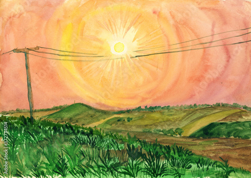Fototapeta Naklejka Na Ścianę i Meble -  Watercolor summer landscape with red sunset over green riverside