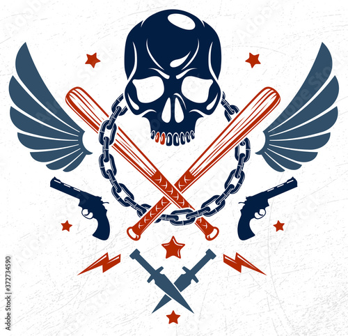 Gang brutal criminal emblem or logo with aggressive skull baseball bats and other weapons and design elements, vector anarchy crime terror retro style, ghetto revolutionary.