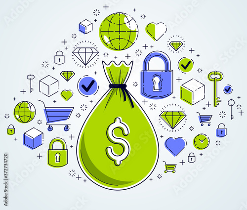 Money bag and icon set vect...