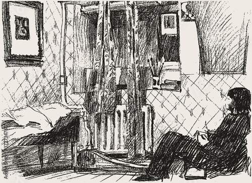 Freehand drawing of student girl sitting in her room and thinking