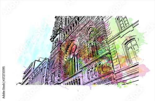 Building view with landmark of Antwerp is a city in Belgium and the capital of Antwerp province in the Flemish Region. Watercolor splash with hand drawn sketch illustration in vector. photo