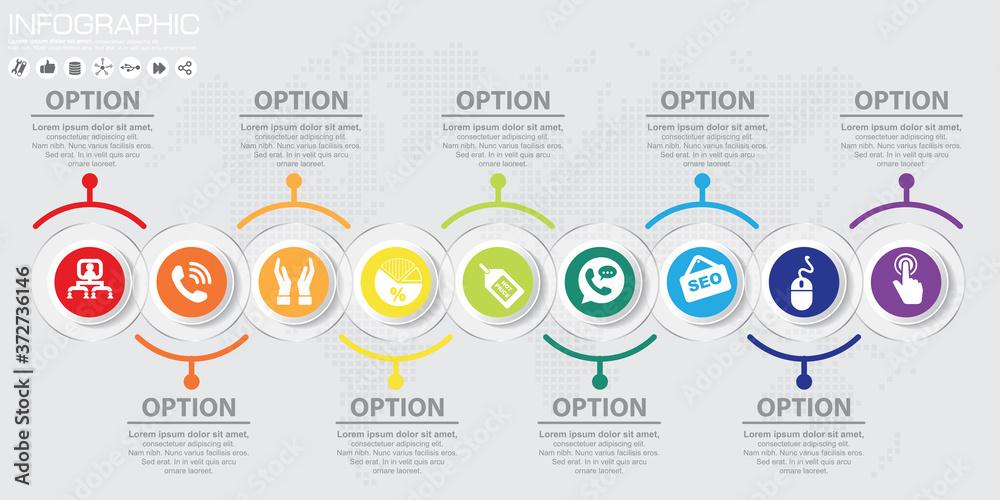 Timeline 9 options or steps vector infographic. World map Background Timeline 9 options or steps vector infographic. World map Background