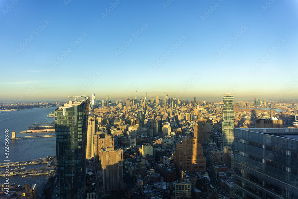 aerial of New York City skyline with skyscrapers in Manhattan