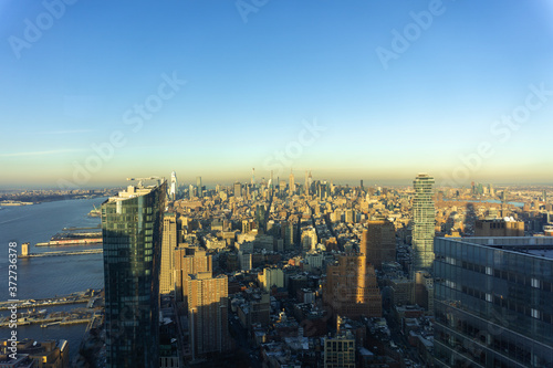 aerial of New York City skyline with skyscrapers in Manhattan