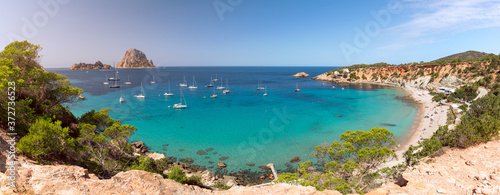 Super panorama of beautiful beach Cala Hort and the mountain Es Vedra. Ibiza  Balearic Islands  Spain